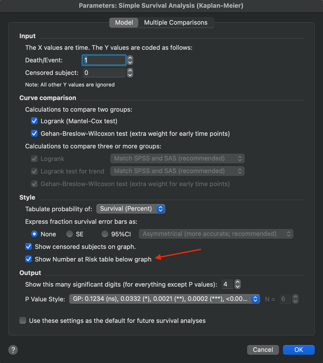 Survival - Parameters dialog - number at risk table